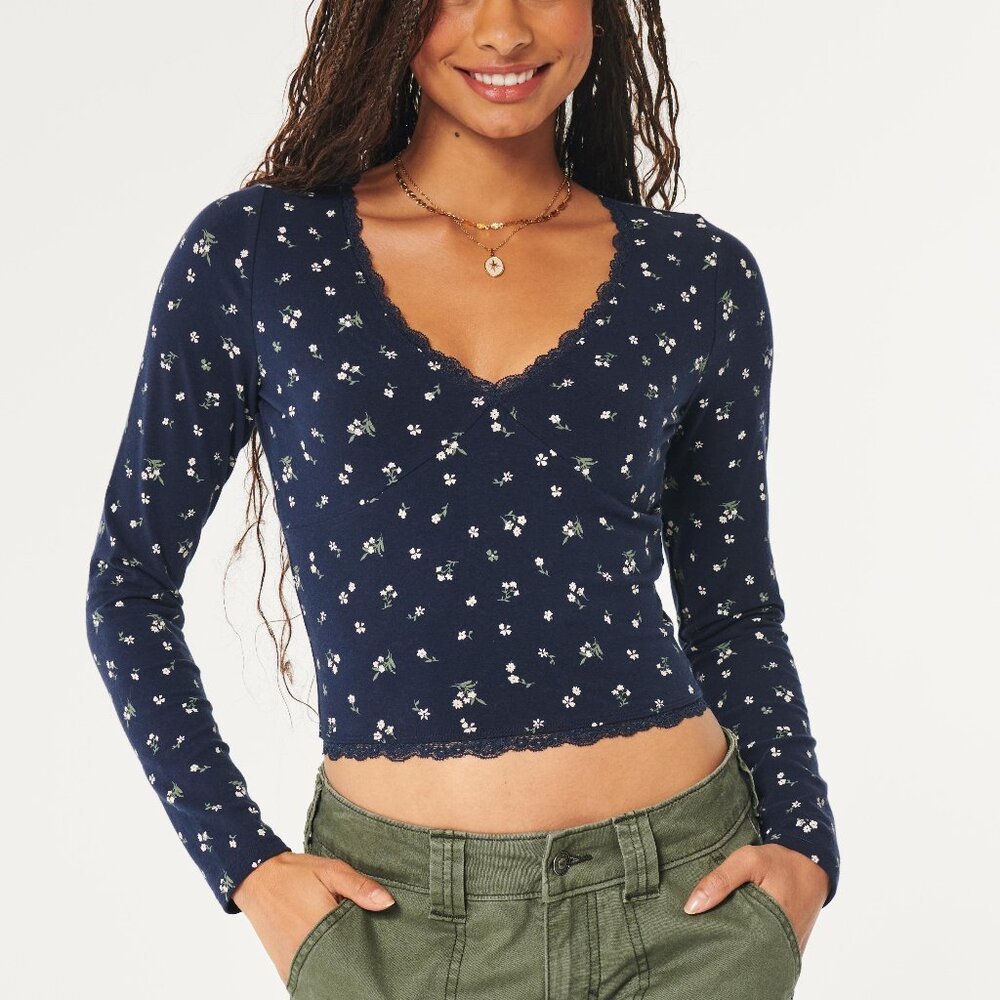 Hollister Lace Trim Long Sleeve V-Neck Top Brown in Size M